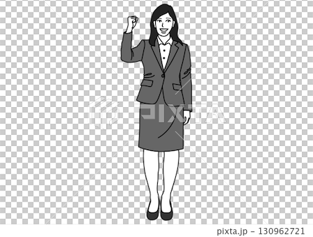 ガッツポーズをするビジネスウーマン女性のイラスト 全身正面 モノクロ ガッツポーズをするビジネスウーマン女性のイラスト 全身正面 モノクロ 130962721