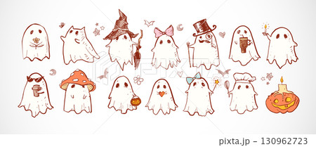 Doodle ghosts in various costumes and accessories, including hats, bows, and seasonal elements, hand drawn in a playful style on white background Doodle ghosts in various costumes and accessories, including hats, bows, and seasonal elements, hand drawn in a playful style on white background 130962723