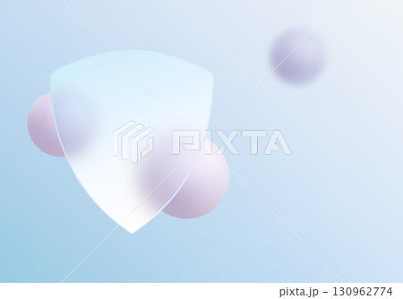 Minimalistic glass-style shield with floating pastel spheres on soft blue background, concept of online safety 130962774