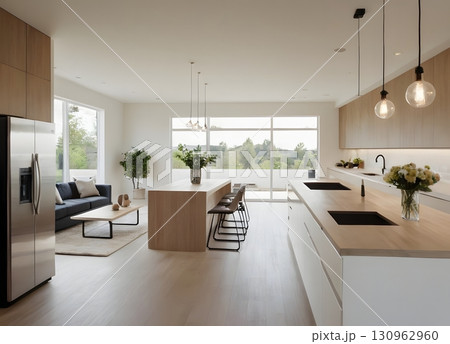 Modern interior design features a luxurious open-plan living room with kitchen, furniture, wooden floors, and large windows. 130962960