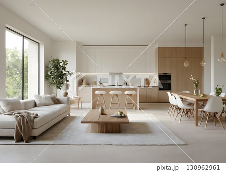 Modern interior design features a luxurious open-plan living room with kitchen, furniture, wooden floors, and large windows. Modern interior design features a luxurious open-plan living room with kitchen, furniture, wooden floors, and large windows. 130962961