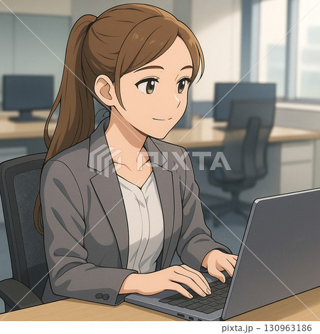 アニメ画、美人OL、ノートパソコンで企画書、レポート作成中 130963186