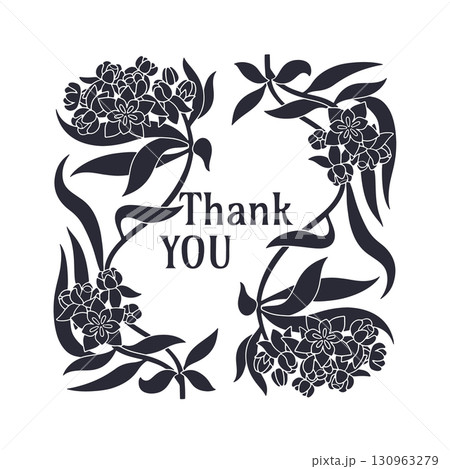 Hand drawn monochrome Art nouveau milkweed flowers and leaves frame with text thank you 130963279