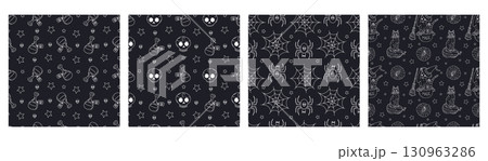 Set of 4 black and white Seamless patterns with cute hand drawn Halloween motifs 130963286