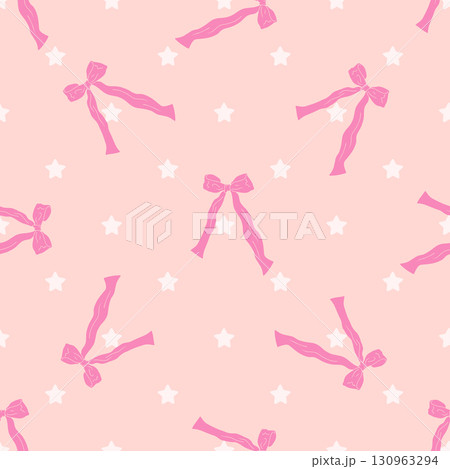 Seamless pattern with cute hand drawn fancy pink bow knots and stars. Pretty retro coquettes wallpaper. Vintage romantic repeat background Seamless pattern with cute hand drawn fancy pink bow knots and stars. Pretty retro coquettes wallpaper. Vintage romantic repeat background 130963294