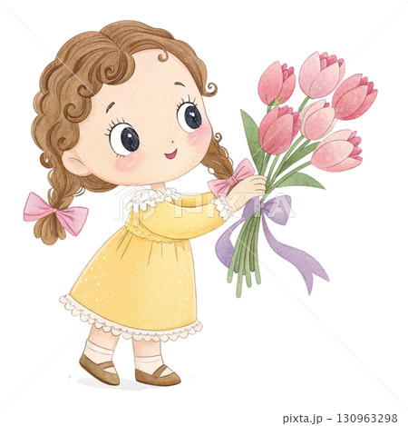 A cute chibi girl with curly hair in twin braids, wearing a pastel yellow dress with white lace collar , holding a bouquet A cute chibi girl with curly hair in twin braids, wearing a pastel yellow dress with white lace collar , holding a bouquet 130963298