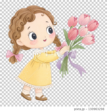 A cute chibi girl with curly hair in twin braids, wearing a pastel yellow dress with white lace collar , holding a bouquet A cute chibi girl with curly hair in twin braids, wearing a pastel yellow dress with white lace collar , holding a bouquet 130963298