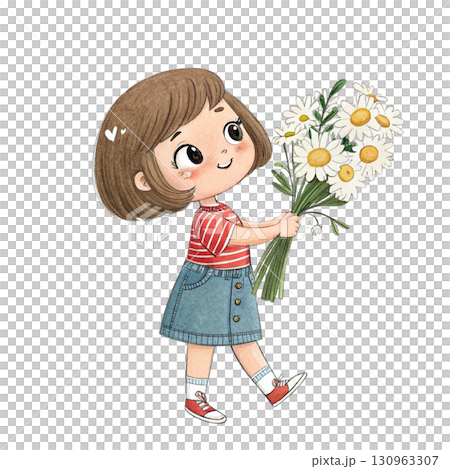 A cute chibi girl with curly hair in twin braids, wearing a pastel yellow dress with white lace collar , holding a bouquet 130963307