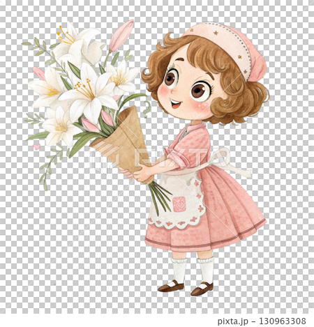 A cute chibi girl with curly hair in twin braids, wearing a pastel yellow dress with white lace collar , holding a bouquet 130963308
