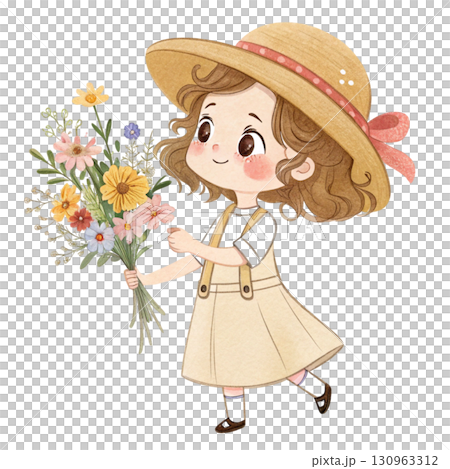 A cute chibi girl with curly hair in twin braids, wearing a pastel yellow dress with white lace collar , holding a bouquet 130963312