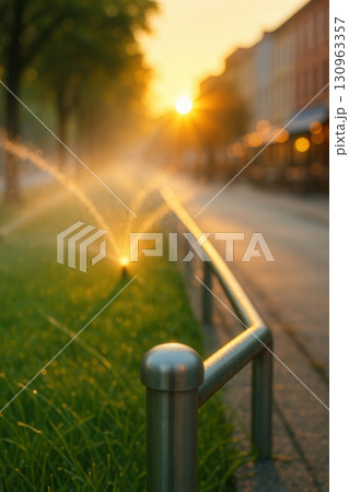 Golden-Hour Sprinklers Mist a Green Boulevard at Sunset 130963357