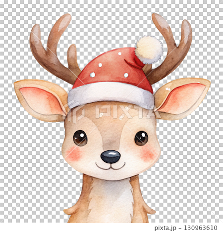 Cute reindeer wearing a Santa hat Watercolor 130963610
