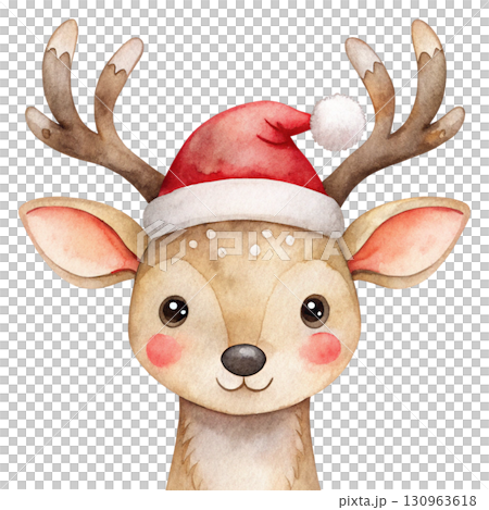 Cute reindeer wearing a Santa hat Watercolor 130963618