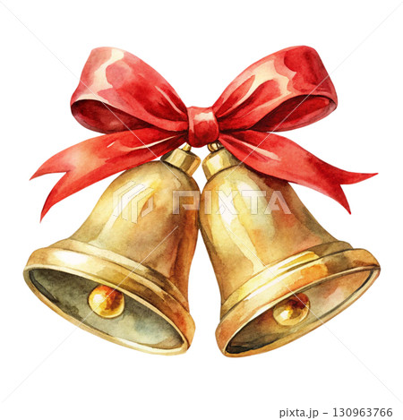 Golden bell hanging with a red ribbon Watercolor PNG White background Golden bell hanging with a red ribbon Watercolor PNG White background 130963766