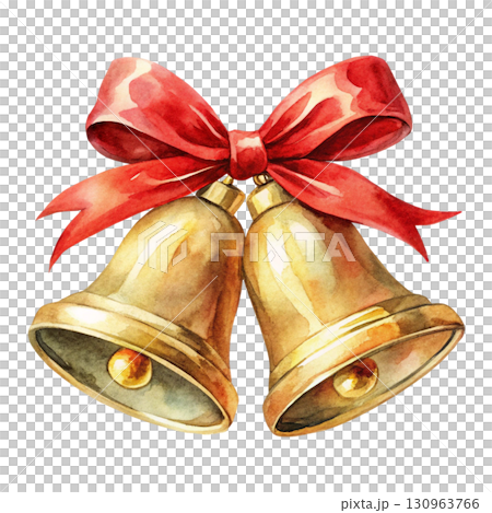 Golden bell hanging with a red ribbon Watercolor PNG White background Golden bell hanging with a red ribbon Watercolor PNG White background 130963766