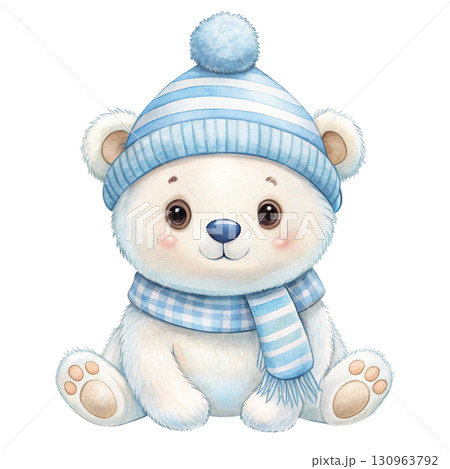 A cute baby polar bear wearing a pastel pink knitted winter hat Watercolor PNG White background 130963792