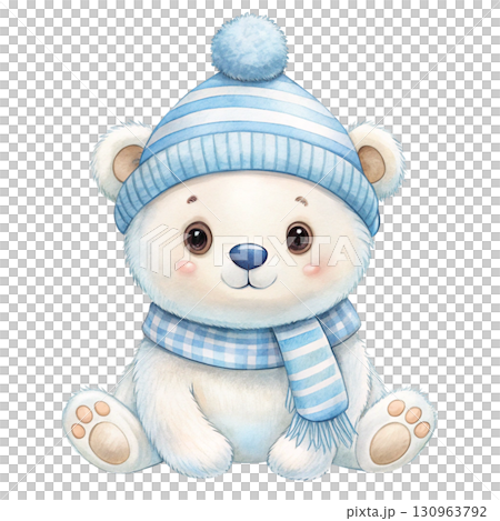 A cute baby polar bear wearing a pastel pink knitted winter hat Watercolor PNG White background 130963792