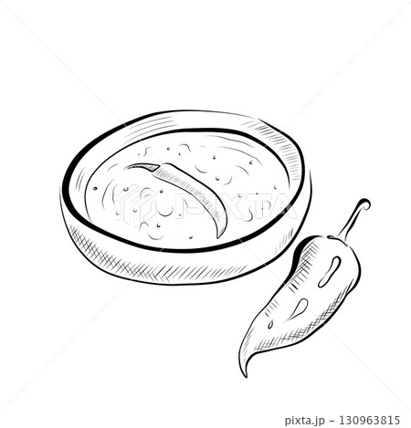 Line art illustration of Mexican food - peppers and hot sauce. 130963815