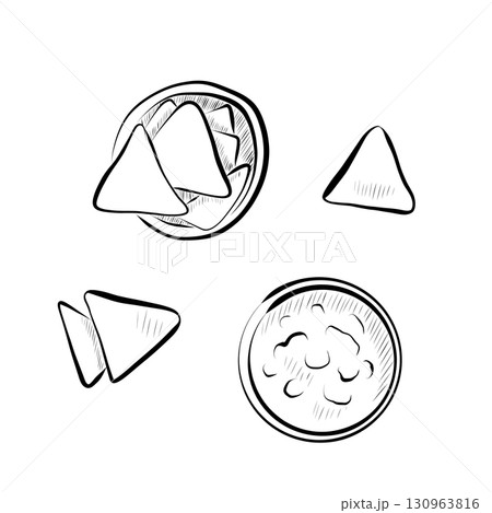 Line art illustration of Mexican food - nachos and sauce. 130963816