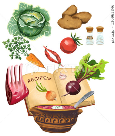 illustration poster with products for cooking red borscht f illustration poster with products for cooking red borscht f 130963846