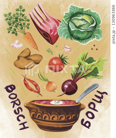 illustration poster with products for cooking red borscht f illustration poster with products for cooking red borscht f 130963866