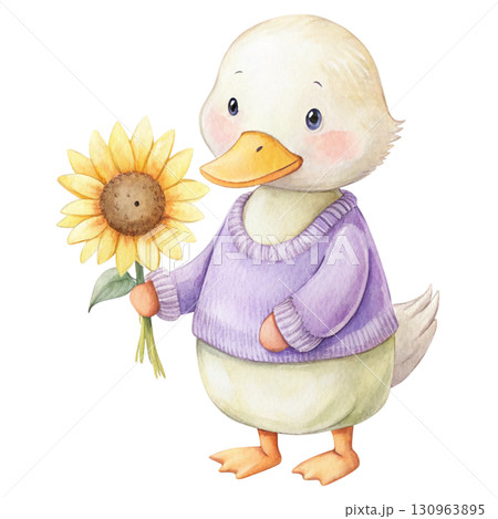 A cute duck wearing a pastel yellow hoodie Watercolor PNG White background 130963895