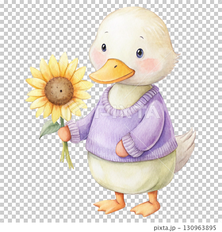 A cute duck wearing a pastel yellow hoodie Watercolor PNG White background 130963895