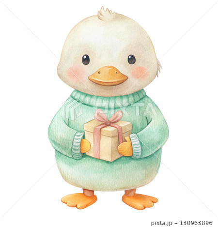 A cute duck wearing a pastel yellow hoodie Watercolor PNG White background 130963896