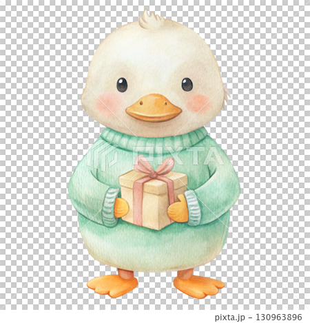 A cute duck wearing a pastel yellow hoodie Watercolor PNG White background 130963896