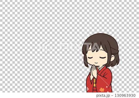 新年插圖：一位微型女性在新年第一次參拜神社時祈禱 130963930