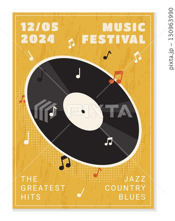 Music vinyl records. Musical festival invitation. Song notes and album disk. Jazz and blues bands performance. Concert poster. Entertainment event. Retro design vector party invite banner template 130963990