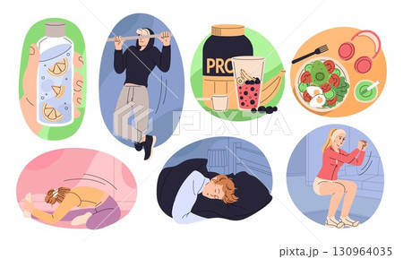 Healthy lifestyle. Morning routine with food and sport exercise. Drink water bottle. Health daily care. Actively living. Balanced life. Diet lunch. Fitness training. Sleep in bed. Vector concepts set 130964035
