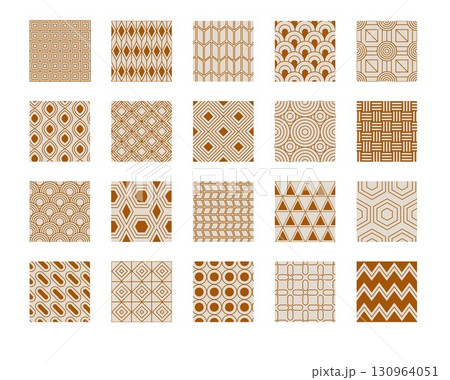 Art deco ornament. Seamless geometric. Line graphic background. Retro brown minimal pattern. Victorian abstract tile. Modern decorative textile. Simple flat shapes. Vector vintage tidy wallpapers set Art deco ornament. Seamless geometric. Line graphic background. Retro brown minimal pattern. Victorian abstract tile. Modern decorative textile. Simple flat shapes. Vector vintage tidy wallpapers set 130964051