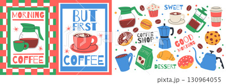 Coffee element. Decor cafe. Cappuccino, coffee pot, cup. Icon coffeehouse with dessert croissant. Kitchen poster with coffee beans. Vector cards cafeteria garish design, cartoon isolated illustration 130964055