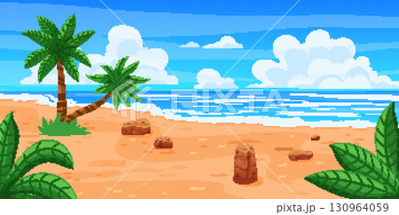 Beach pixel art. Sea background 8 bit. Summer game 2D landscape. Sky with clouds and sun. Ocean water wave. Tropical island nature. Palm foliage. Vector graphic for arcade garish arcade video seascape 130964059