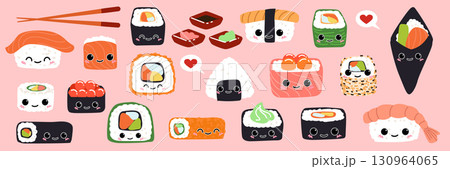 Sushi kawaii. Cute food with face. Roll character. Japanese dish. Icon manga design. Happy smiling mascot. Asian nigiri with smile. Menu isolated elements. Vector cartoon illustration restaurant set Sushi kawaii. Cute food with face. Roll character. Japanese dish. Icon manga design. Happy smiling mascot. Asian nigiri with smile. Menu isolated elements. Vector cartoon illustration restaurant set 130964065