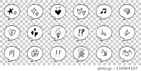 Speech bubbles and emotion icons. Cute doodle decoration. Hand drawn frames. Emphasis, hearts, glitter. Speech bubbles and emotion icons. Cute doodle decoration. Hand drawn frames. Emphasis, hearts, glitter. 130964207