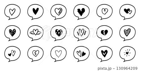 吹き出しとハートの装飾セット。手描きのかわいいフレーム。バレンタインデー、愛の告白、恋愛感情。 吹き出しとハートの装飾セット。手描きのかわいいフレーム。バレンタインデー、愛の告白、恋愛感情。 130964209