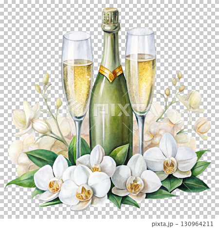 A watercolor illustration of a green champagne bottle with a golden foil top PNG White background A watercolor illustration of a green champagne bottle with a golden foil top PNG White background 130964211