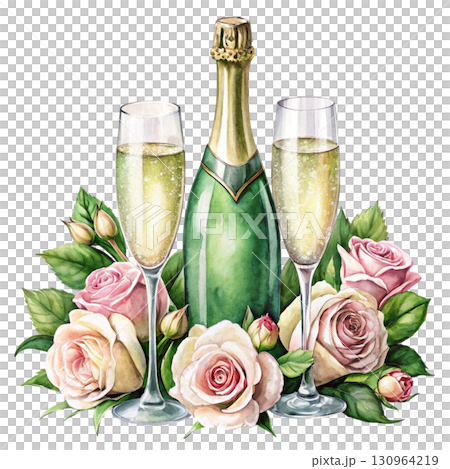A watercolor illustration of a green champagne bottle with a golden foil top PNG White background 130964219