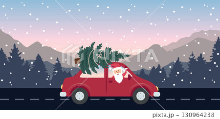 santa drive with red car and christmas tree in snowy winter landscape vector illustration santa drive with red car and christmas tree in snowy winter landscape vector illustration 130964238