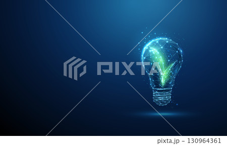 3d light bulb with green leaves inside. Eco friendly innovation, sustainable energy, green technology, energy, environmental solutions concept. 130964361