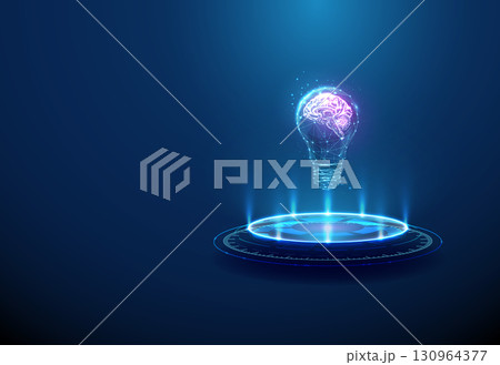 Light bulb with purple brain inside on futuristic podium. Innovative thinking, idea generation, cognitive technology, smart solutions concept. 130964377
