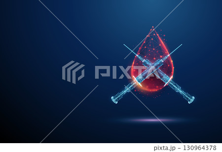 3d blue two crossed syringes in front of blood drop. Diabetes care, medical treatment, vaccination, immunization, healthcare, prevention concept. 130964378