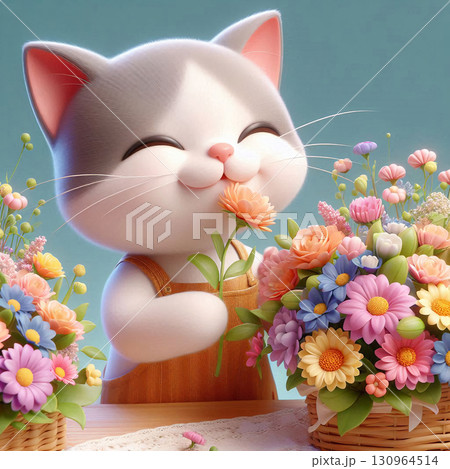 楽しく花を並べる猫 130964514