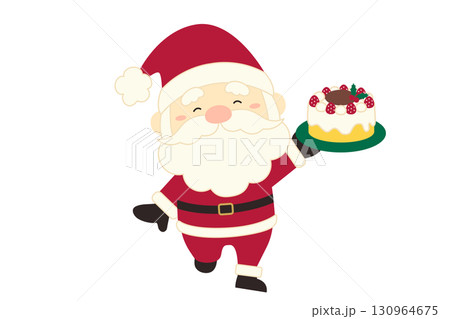 クリスマスケーキを持ってにっこりしているサンタクロース 130964675