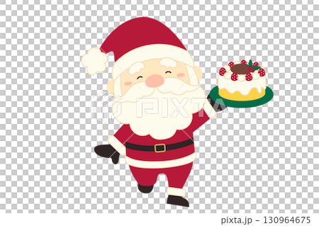 クリスマスケーキを持ってにっこりしているサンタクロース 130964675