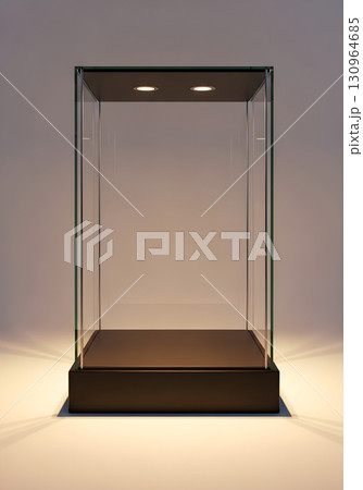 Empty glass display case with lights, perfect for showcasing products. Empty glass display case with lights, perfect for showcasing products. 130964685