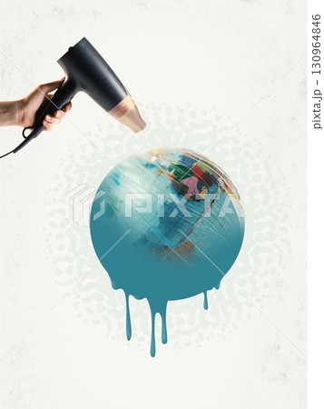 Creative collage. Hairdryer melting globe as metaphor of global warming and climate crisis Creative collage. Hairdryer melting globe as metaphor of global warming and climate crisis 130964846