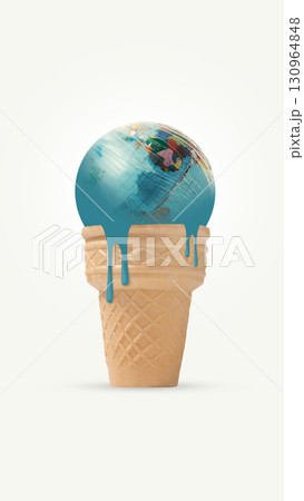 Creative digital artwork. Melting globe ice cream cone symbolizing climate change and global warming 130964848